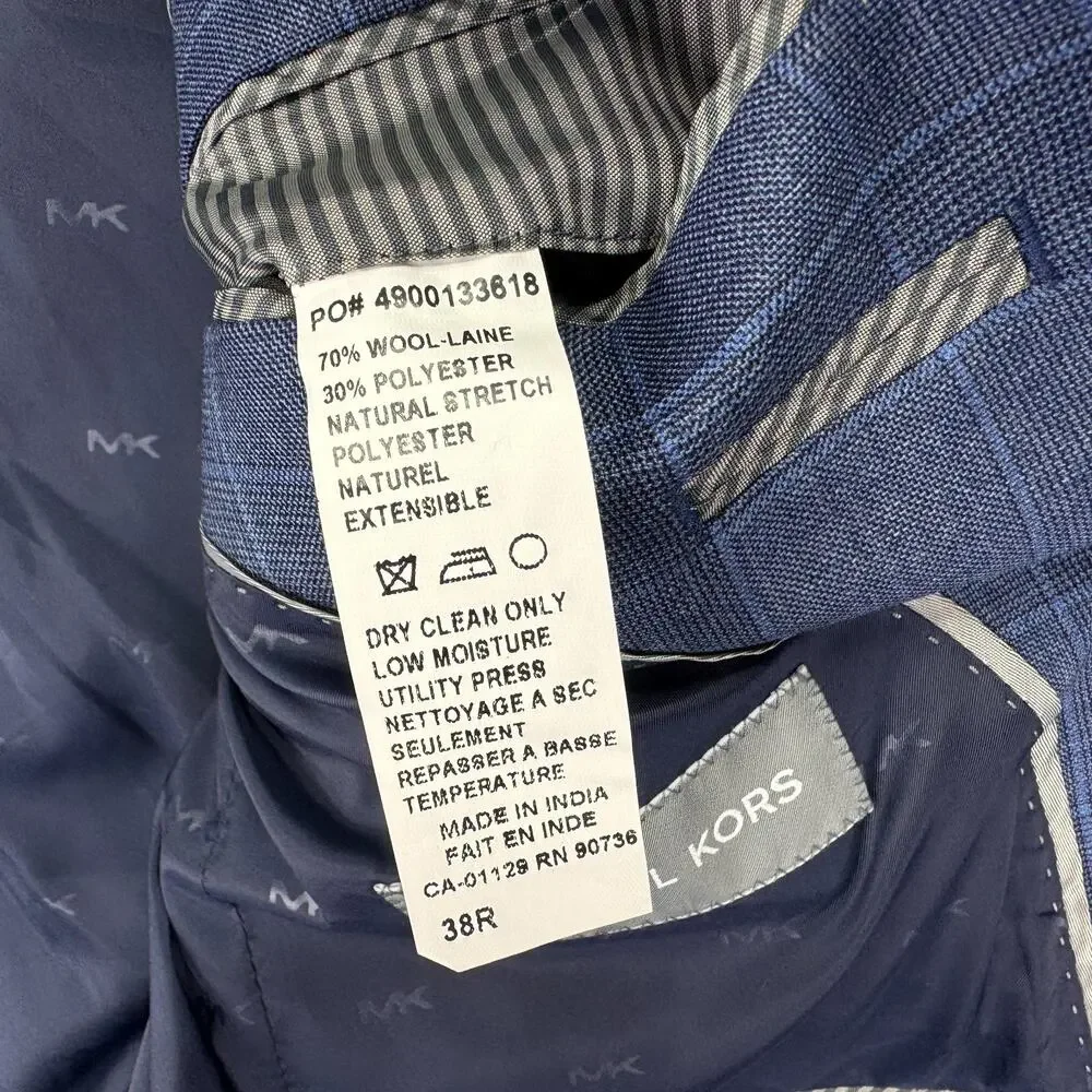 Michael Kors Mens Classic Fit Plaid Stretch Wool Blend Suit Jacket Navy Blue 38R